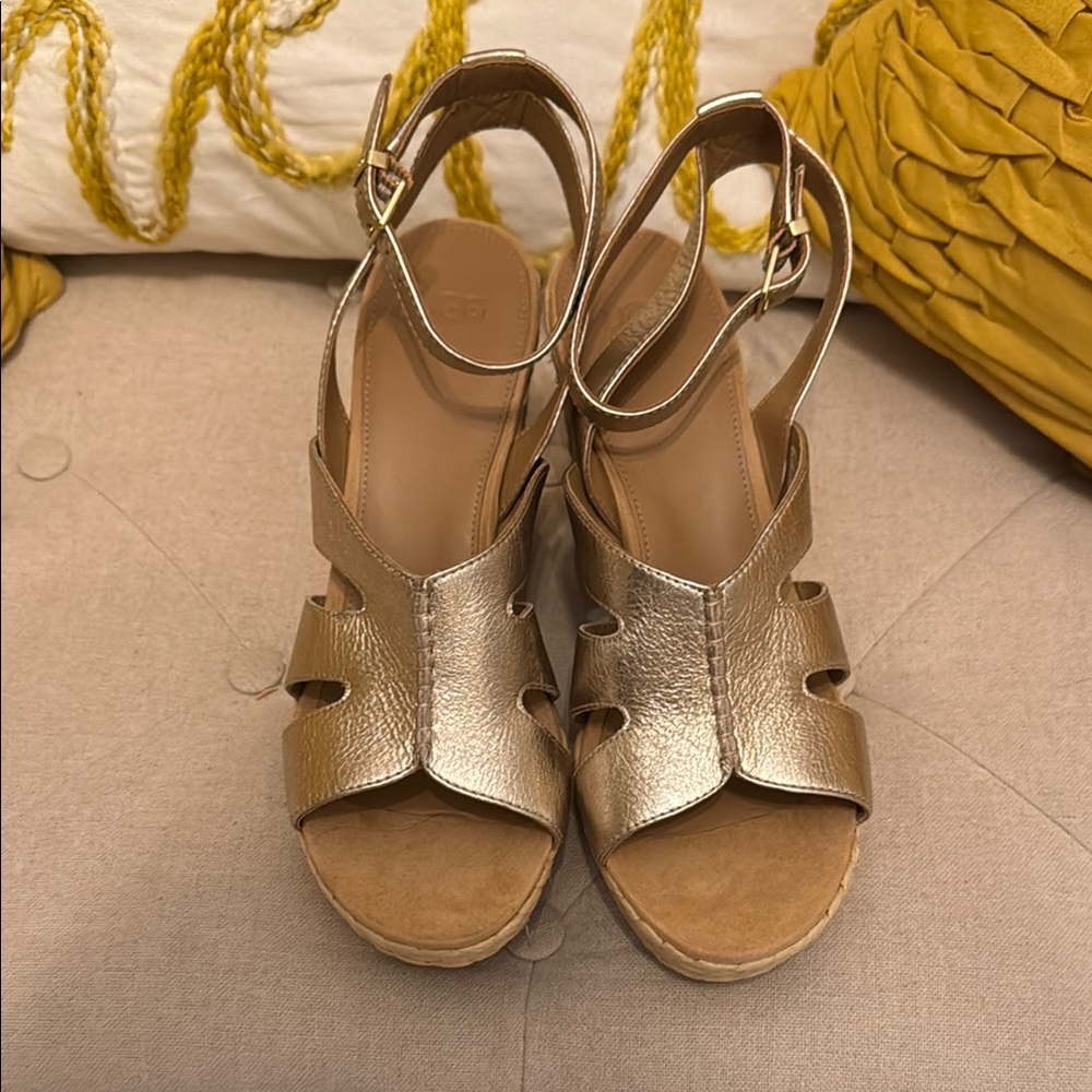 UGG Gold Wedge Sandals with Ankle Straps
